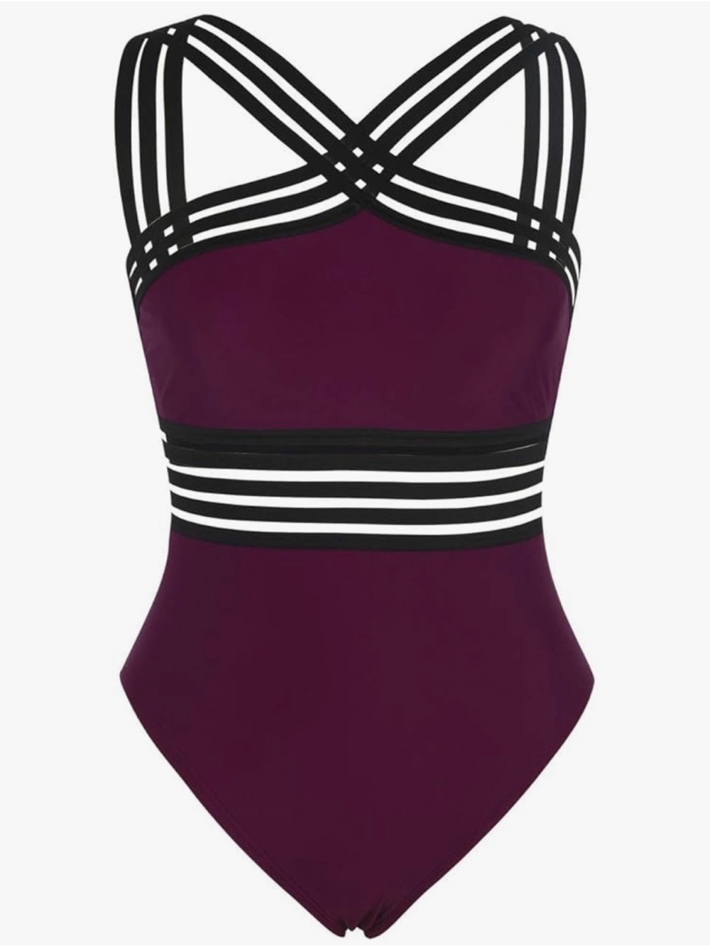 Cross-Strap Plum One-Piece Swimsuit with Sheer Waist Panels - Picture 3 of 8